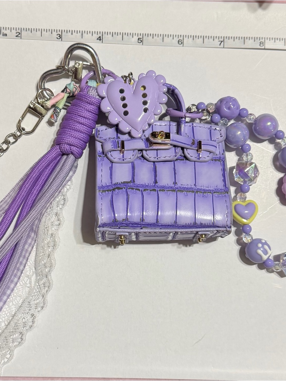 Lilac Mini Purse Keychain Charm with Tassel and Bead Accent